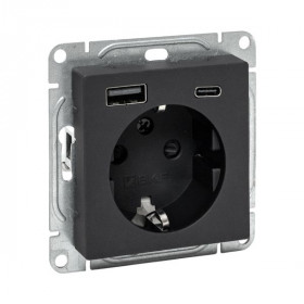 Механизм розетки с USB-A+С - 2шт, 16А, с заземлением, со шторками, чёрный Эпика EKF